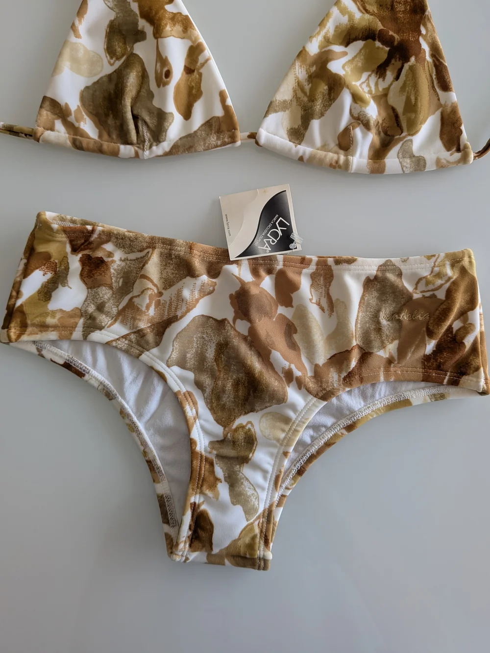 Brown White Abstract Bikini Set Halter Triangle Hipster Swimwear S 2 Pieces NWT